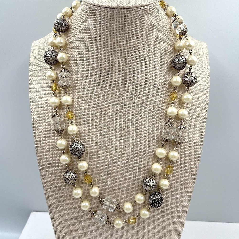 VTG Gold Tone Double Strand Faux Pearl Faceted Clear Amber Glass Bead Necklace